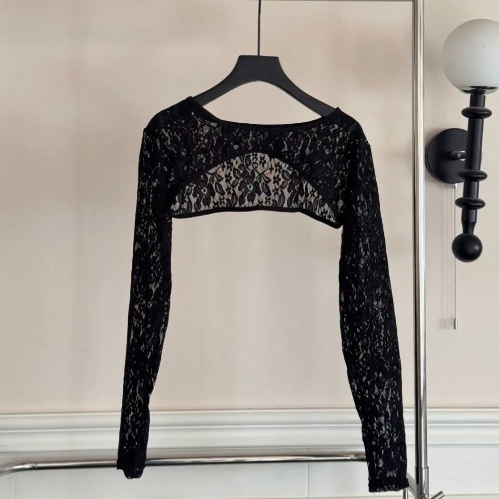 Long Sleeve Lace Sun Protection Tank Top Lightweight Breathable Elastic Flower Printed Shawl Mesh Top Fashion