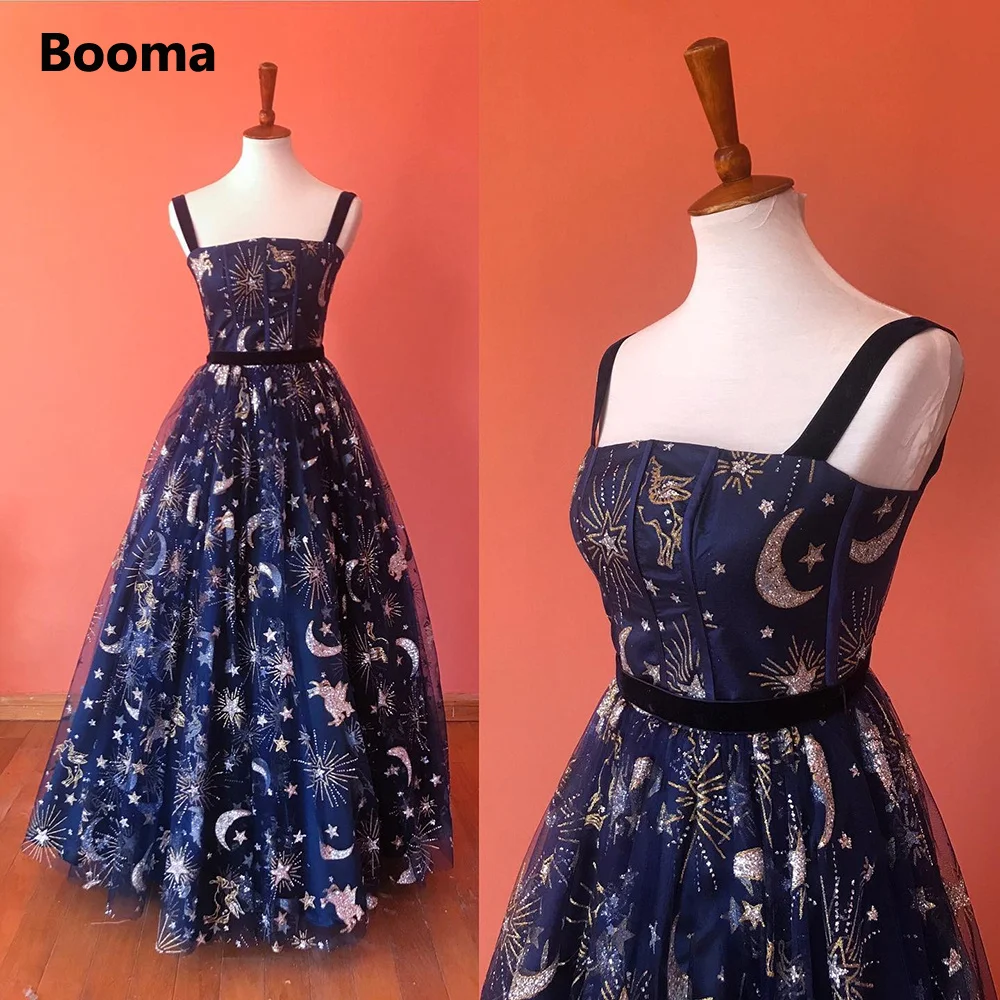 Booma Glitter Navy Blue Constellation Tulle Maxi ชุดราตรีสปาเก็ตตี้สายรัด A-Line อย่างเป็นทางการ Party Dresses ชุดราตรียาวชุด