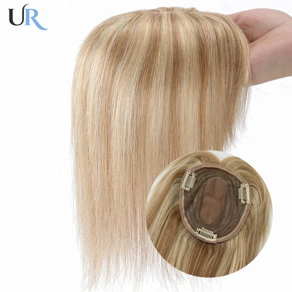 Adorno de cabello humano para mujer, adornos naturales con flequillo, pelucas de cabello humano 100%, pelo liso, Base de seda rubia, Clips en postizos