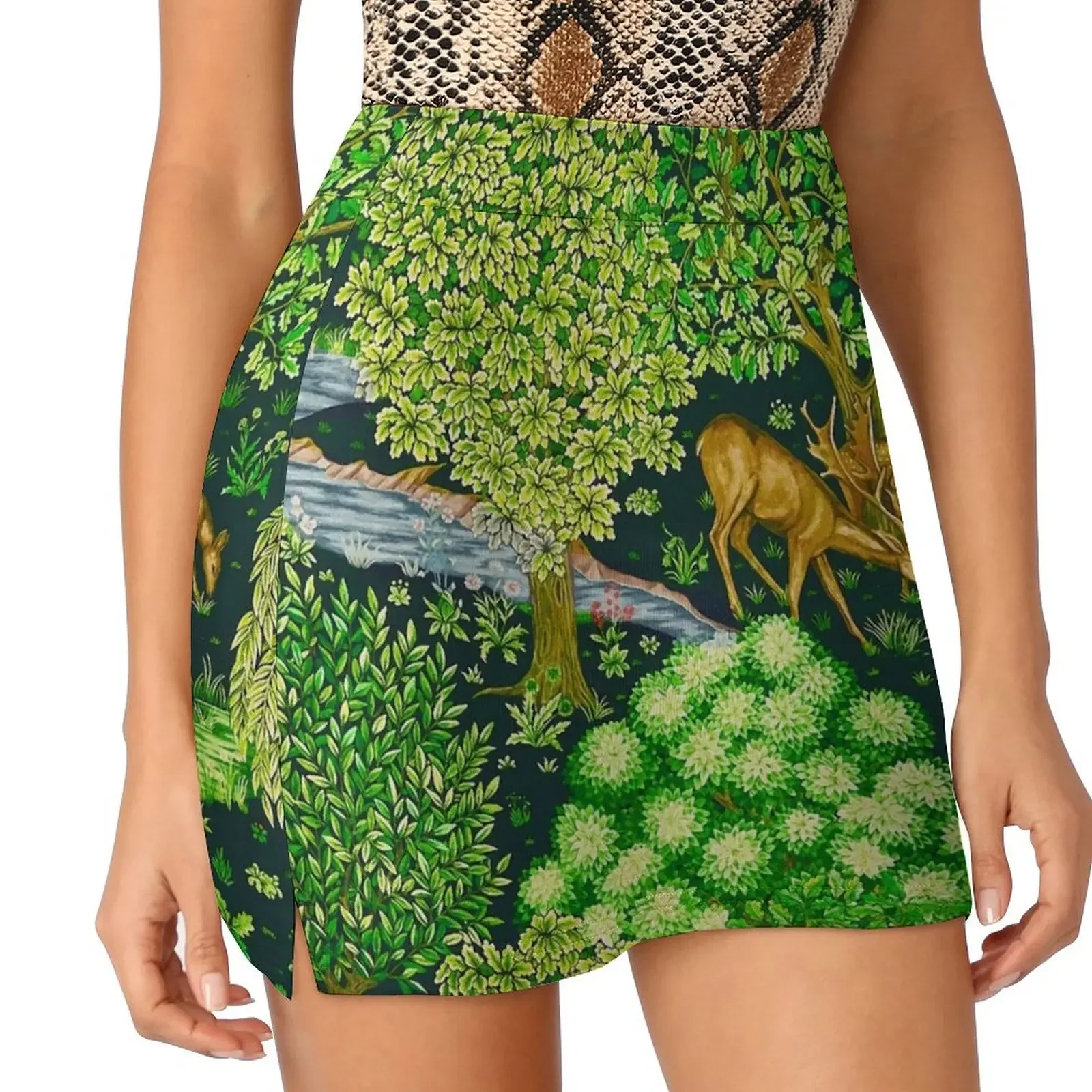 FOREST ANIMALS, DEERS BY A BROOK Green Floral Mini Skirt korean style skirt Short skirt woman