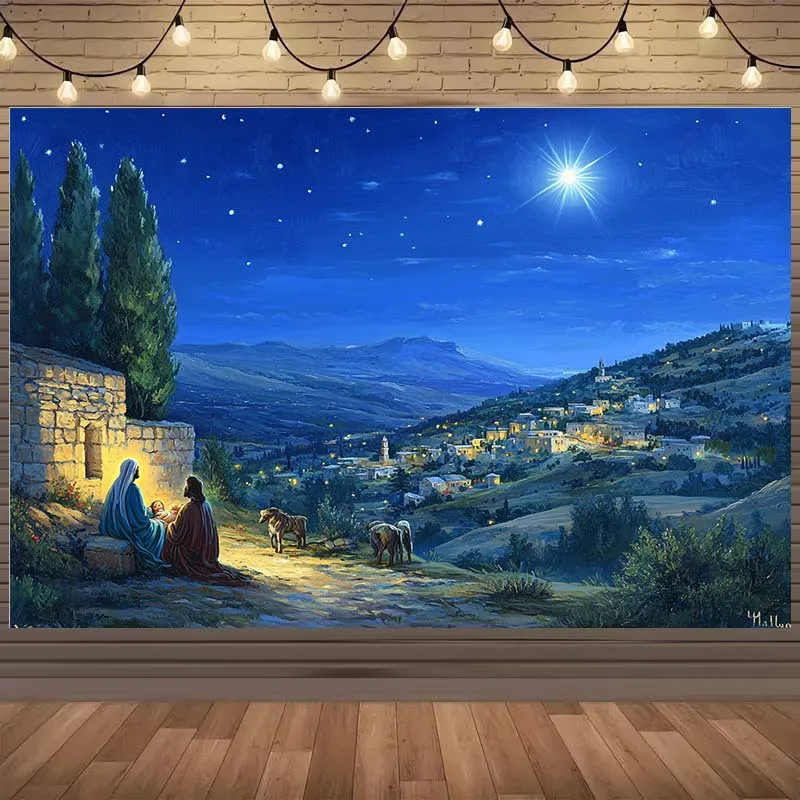 1-Weihnachtlicher Nachthimmel-Hintergrundstoff mit Sternen, dem Wise Man und Mount Bethlehem – strapazierfähiges Polyester