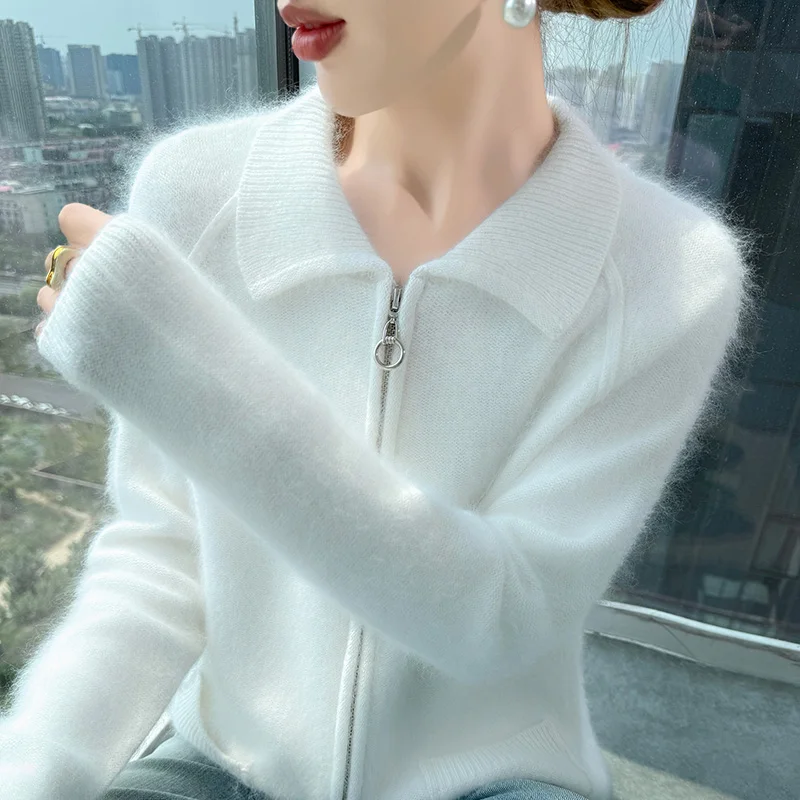 

Hot selling new women's lapel cardigan 100% pure mink cashmere sweater solid color knitted versatile simple women's full sleeved