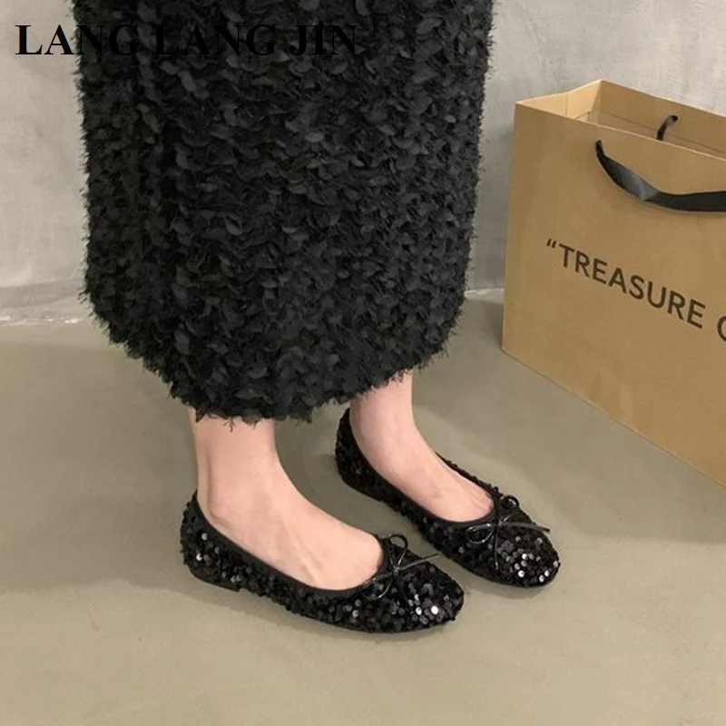 2023 New Autumn Bling Sequin Classic Ballet Shoes Women Round Toe Bowtie Ballerinas Casual Slip On Flats Elegant Valentine Mujer