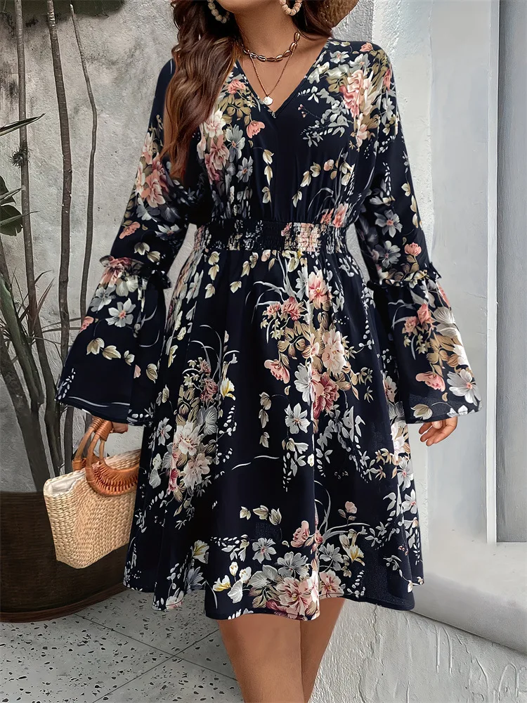 

2024 Casual Floral Print Shirt Dress for Women Elegant Long Sleeve Dress Fashion Ladies Knee-Length Dresses