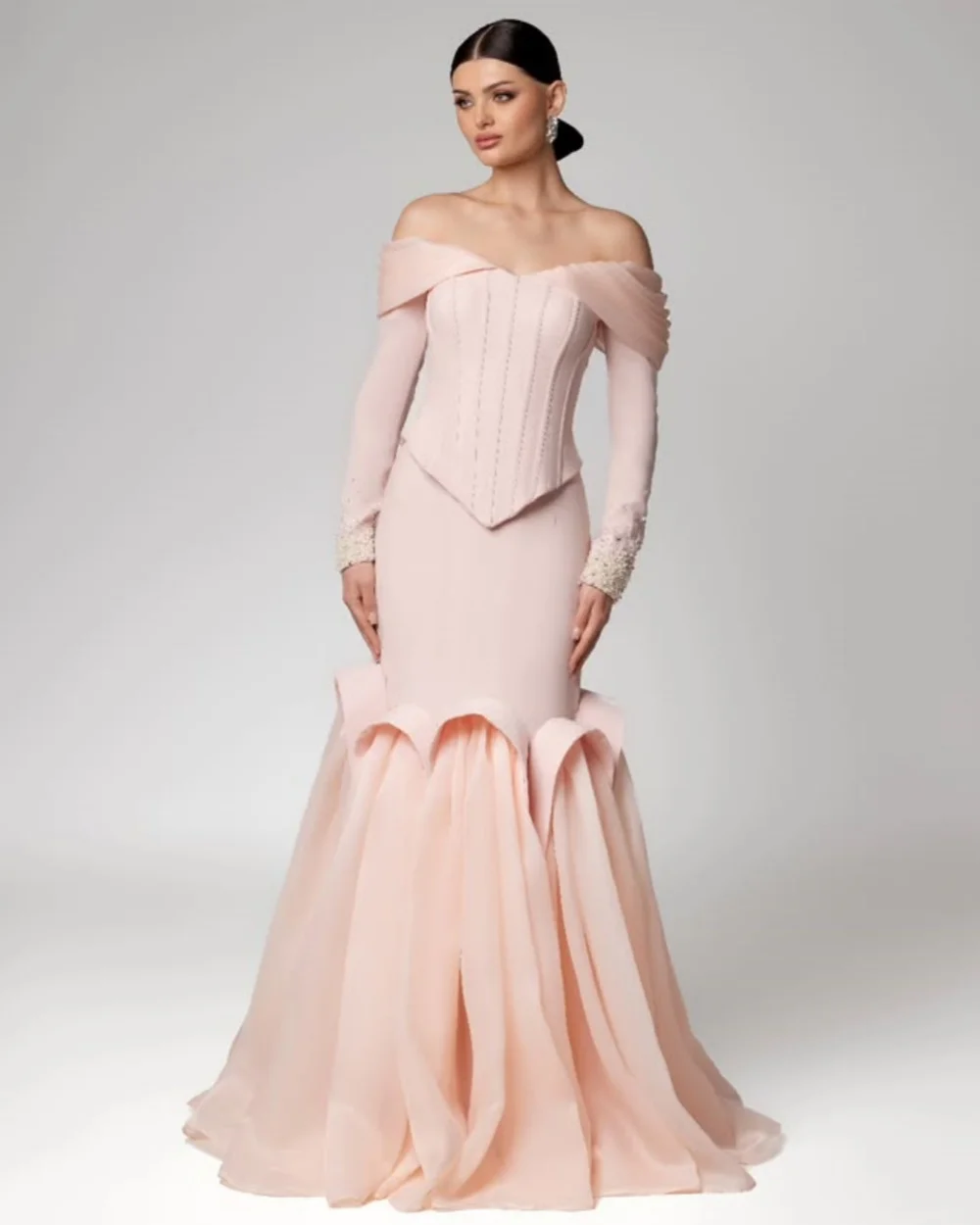 Customized Modern Style Women Jersey Rhinestone Beading Mermaid Evening Dresses Fashion Off-the-shoulder Floor Lenght Party Gown