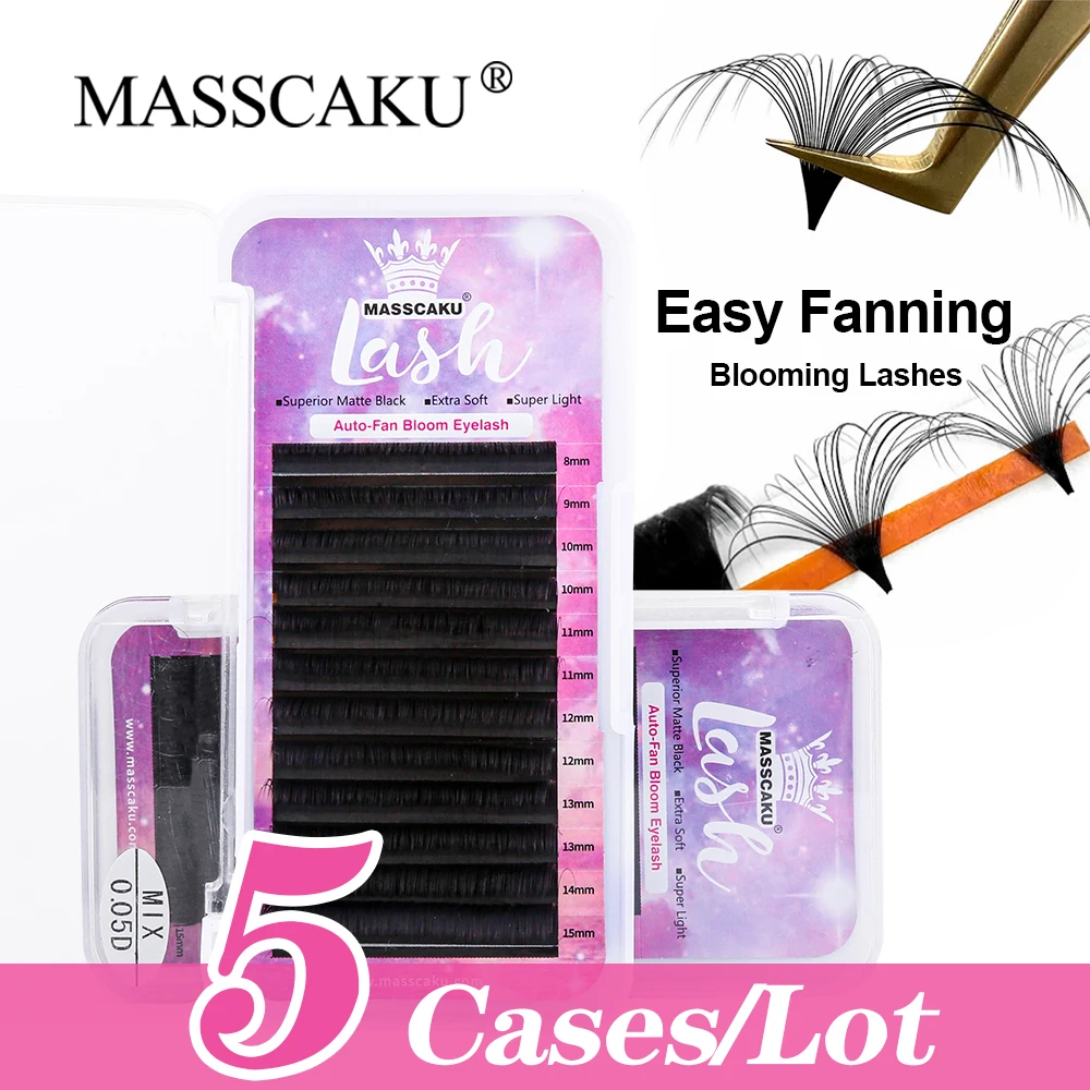 

MASSCAKU 5cases/lot Wholesale 12Rows 7-25mm&mix Easy Fanning Lashes Natural Faux Mink Fast Blooming Eyelash Extension for Supply