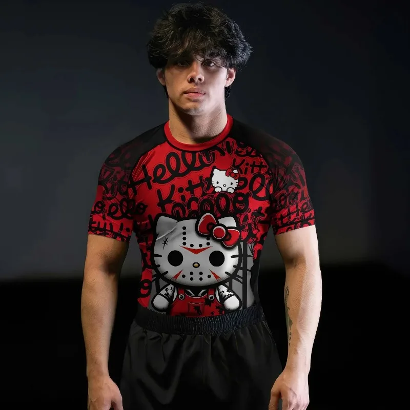 Hello Kitty Halloween Horror Mask Compression Shirt Red Black Men Women Short Sleeve Rash Guard Quick Dry MMA Gym Shirt