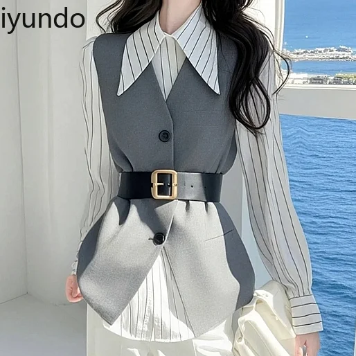 Lente 2025, een complete set outfits, high-end temperament, Franse stijl, grijs pak, vest, overhemd, nep tweedelige blouse, dames