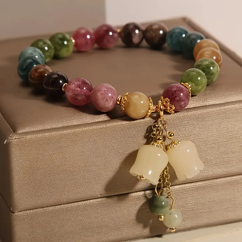 Vintage Antique Style Beaded Bracelet, Chinese Multi Gemstone Wristband with Carved Lily of The Valley Pendant, Retro Heirloom Aesthetic Jewelry Gift for Classic Fashion Lovers image 7