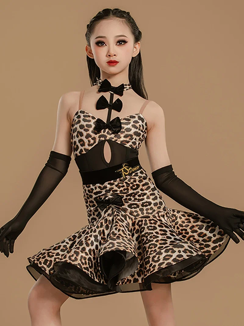 Erwachsene Kinder Lycra Ärmellose Leopardenmuster Latin Dance Kostüme Kinder Mädchen Ballsaal Wettbewerb Dancewear Mesh Kleider