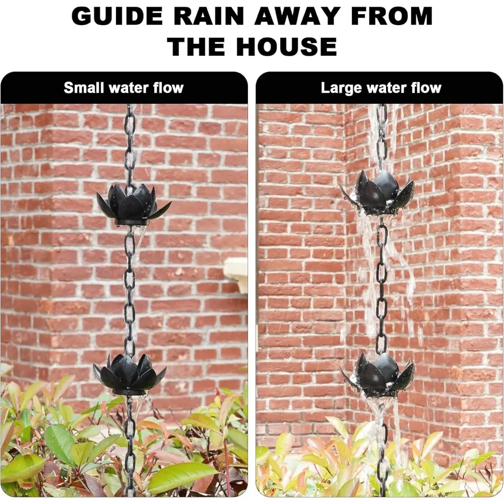 Copper Rain Chain for Drainage Ditch, Black Plated Lotus Rain Chain Cup, 8.5-foot Downspout