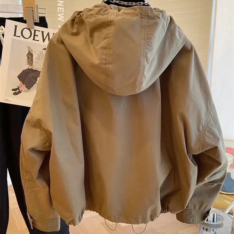 

2025 Short Jacket Women's Oversize Loose Hooded Coat Safari Style Jacket Female Spring Autumn Windbreaker Lady Khaki Casual Tops