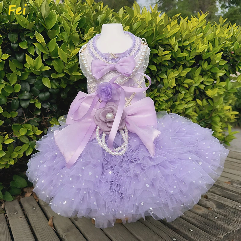 

High-end Luxury Purple Pet Dog Clothes Fashion Spring Summer Handmade Pearl Bow Lace Princess Dress For Small Medium Dog Poodle