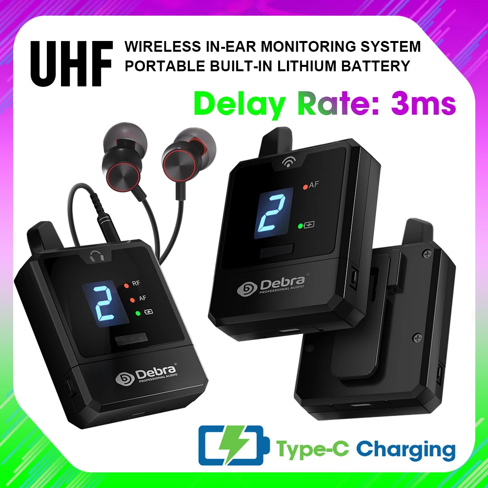 Debra In-Ear Monitor System UHF IEM Wireless Audio-Mini UHF Rechargeable for Music Audio Monitoring Live Broadcast