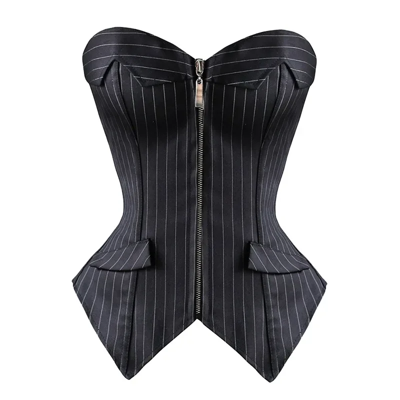

Caudatus Overbust Corsets for Women Striped Office Party Plus Size Corsets and Bustiers Zipper Lingerie Tops Korsett Black