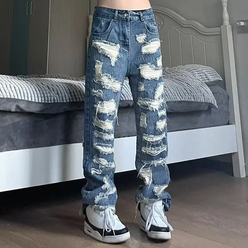 

American Style Broken Hole Old Loose Hundred New Pants Men's Streetwear Baggy Jeans Y2k Jeans Ripped Jeans Men Pants