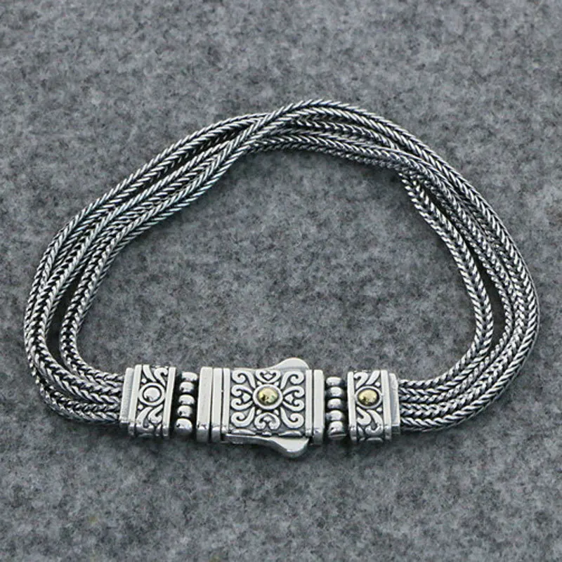 

S925 Sterling Silver Bracelet Male trendsetter Fashion Retro Dragon Bone Peace Pattern Woven Chain Simple Single Personality Bra