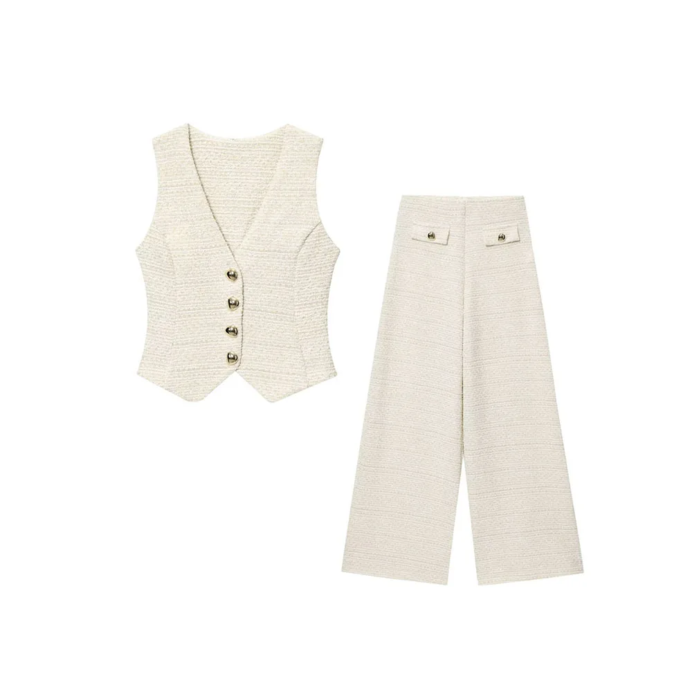 แฟชั่นฤดูใบไม้ร่วงสำหรับผู้หญิง เสื้อคอวีสีพื้นแบบไม่มีแขนติดกระดุม และกางเกงเนื้อผ้ามีเท็กซ์เจอร์