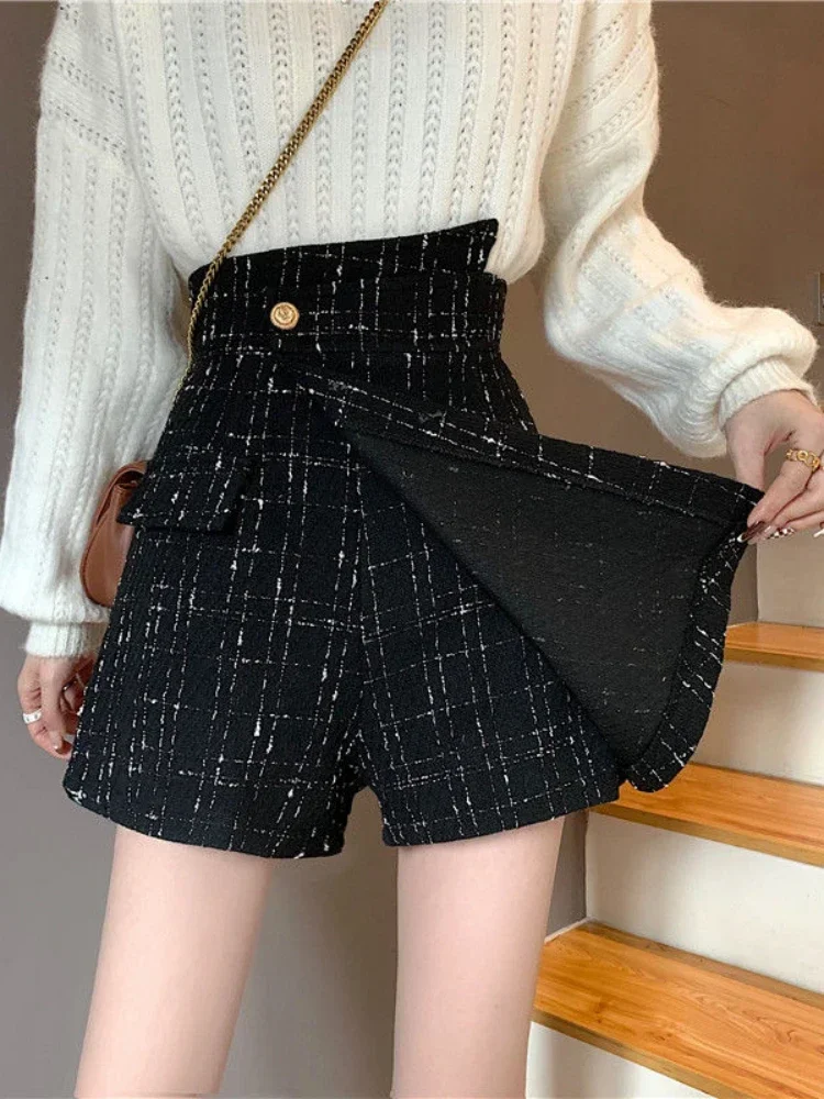 Herfst Winter Klassieke Wollen Stijl Plaid A- Line Sexy Mini Shorts Vrouwen 2xl Elegante Onregelmatige Hoge Taille Shorts Rok Vrouwen P527