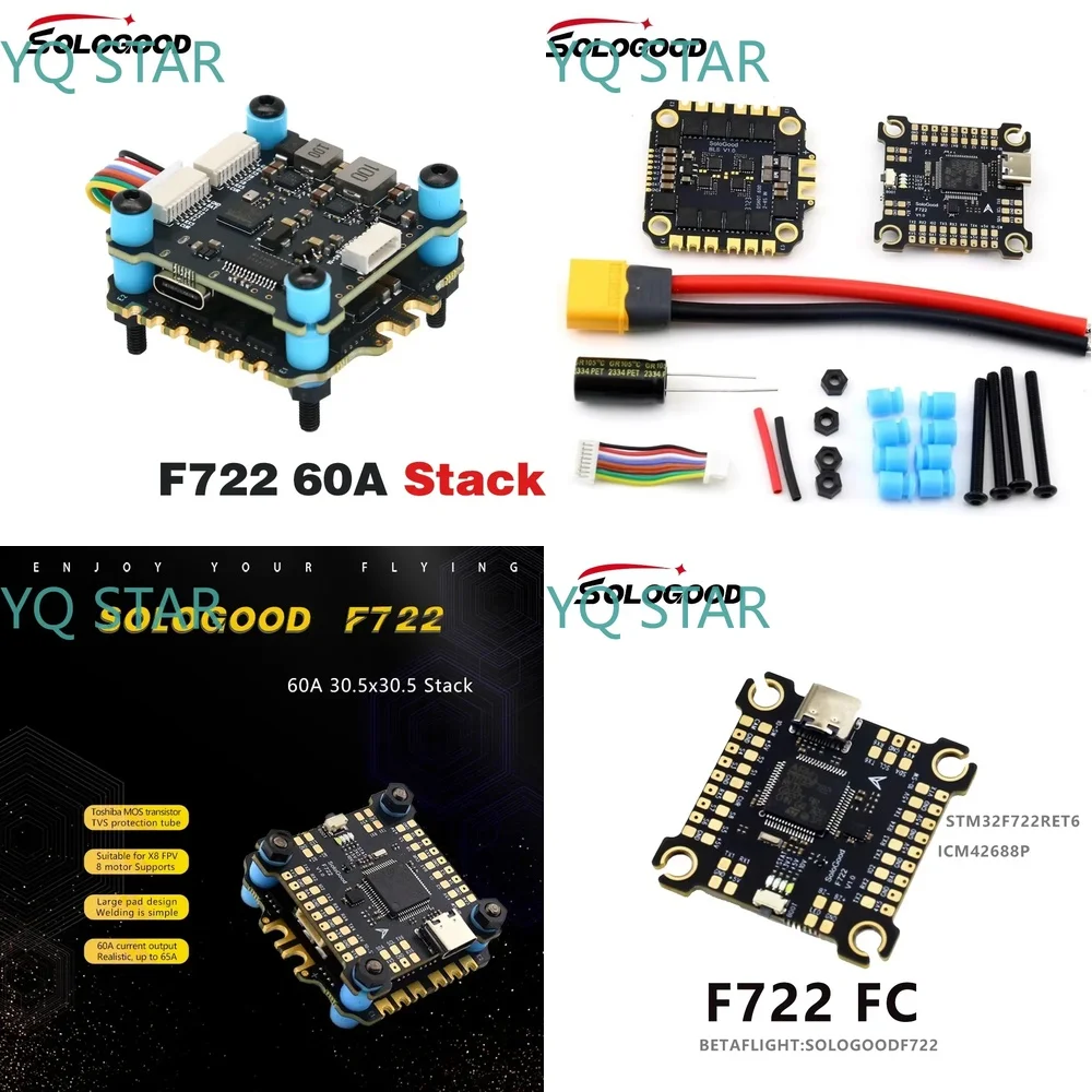 SoloGood F722 60A Stack ICM42688P Flight Controller BLHELI_S 4in1 ESC 30.5x30.5mm for FPV Drone Freestyle Racing Quadcopter