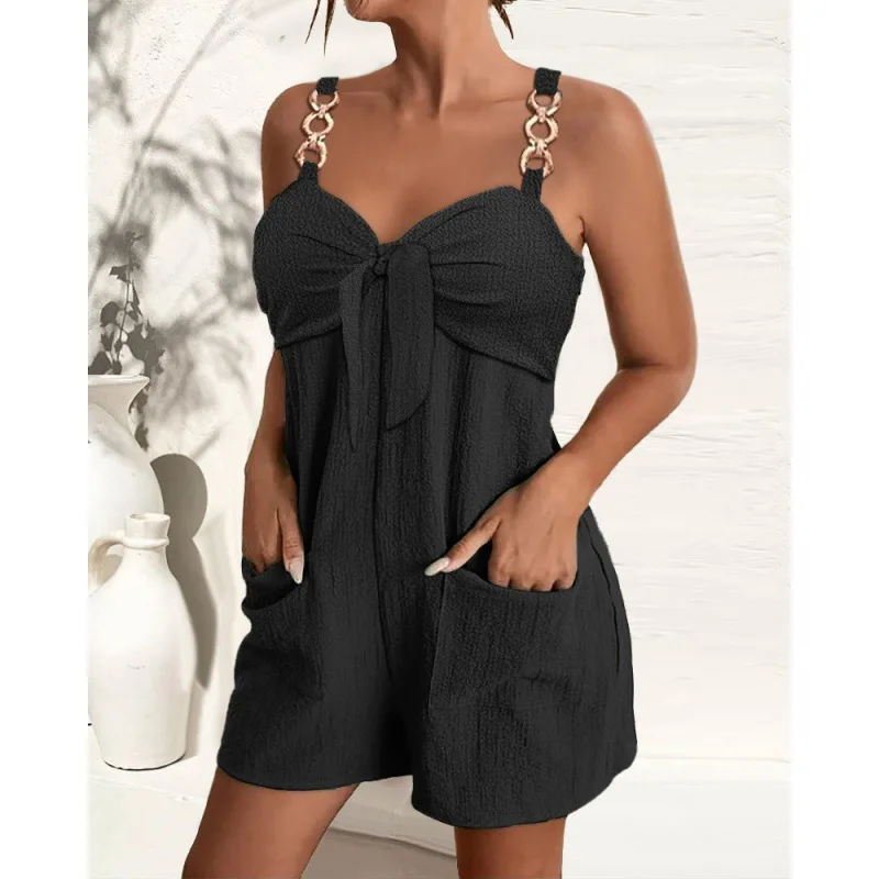 2024 Spring Summer New Women's Solid Color Sling Retaining Ring Bundle One-Piece Shorts