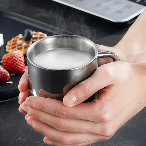 머그잔 스테인레스 스틸 400/300/210ml 손잡이와 뚜껑이 있는 은색 머그 텀블러 가정용 주방 용품용 절연 우유 머그