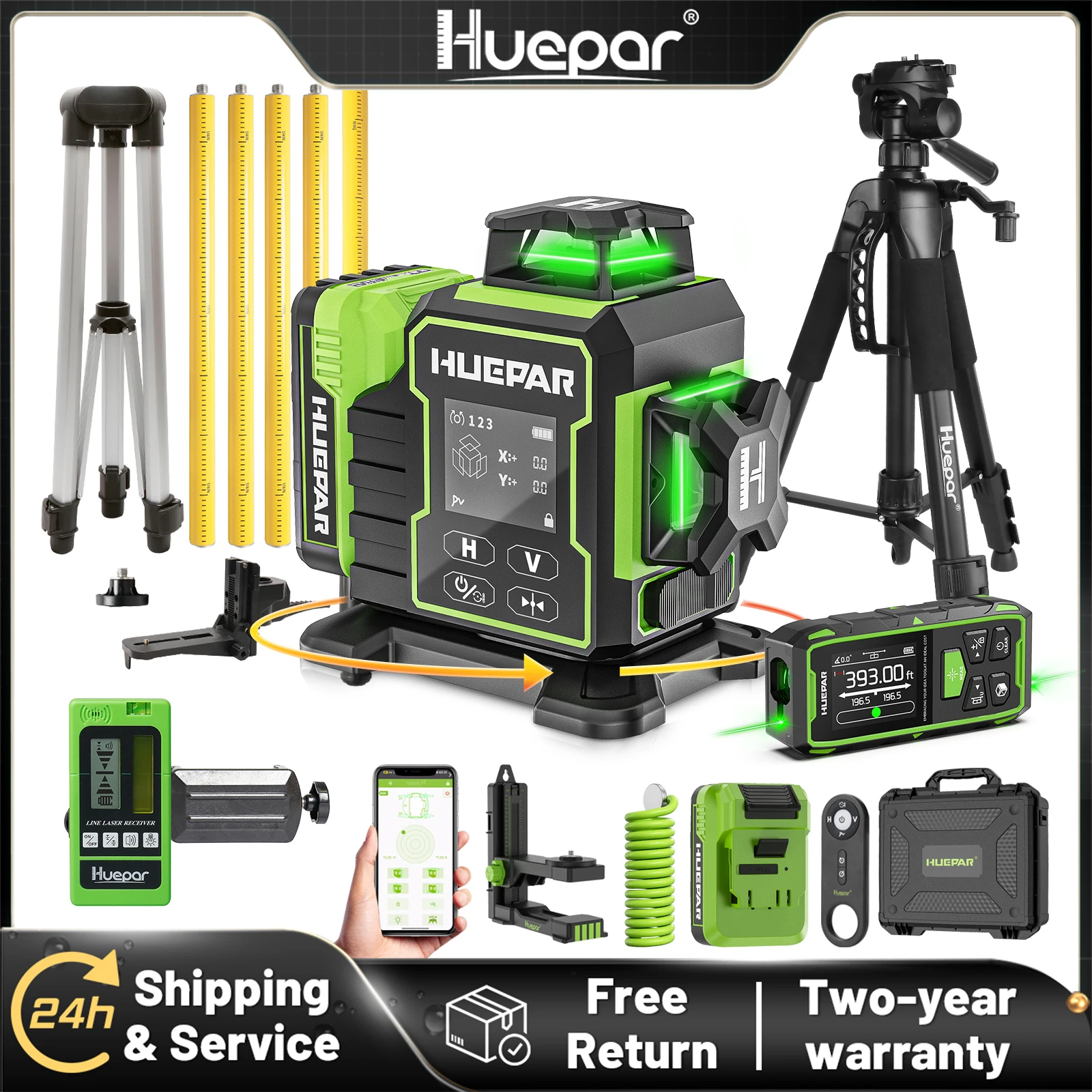 Huepar W03CG Kreuzlinienlaser 3D 12 Linien Selbstnivellierender Laser mit Elektrischer Rotationsbasis Fernbedienung & LCD-Bildschirm