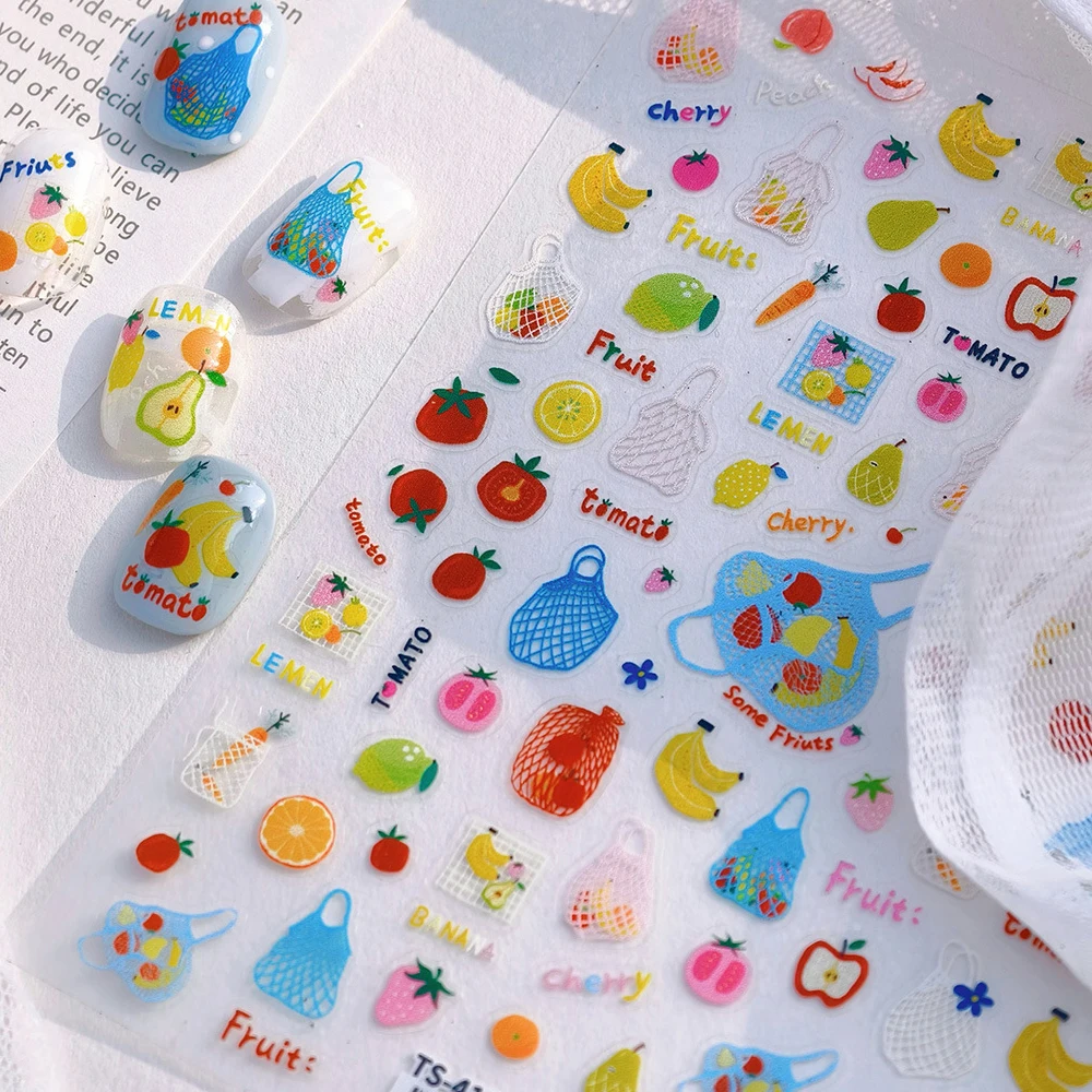 Obstnetztasche 5D Nail Art Aufkleber süße Banane Erdbeere Kirsche Birne Apfel Orange Veggie Tomate Karotte Spaß Nail Art Aufkleber DIY