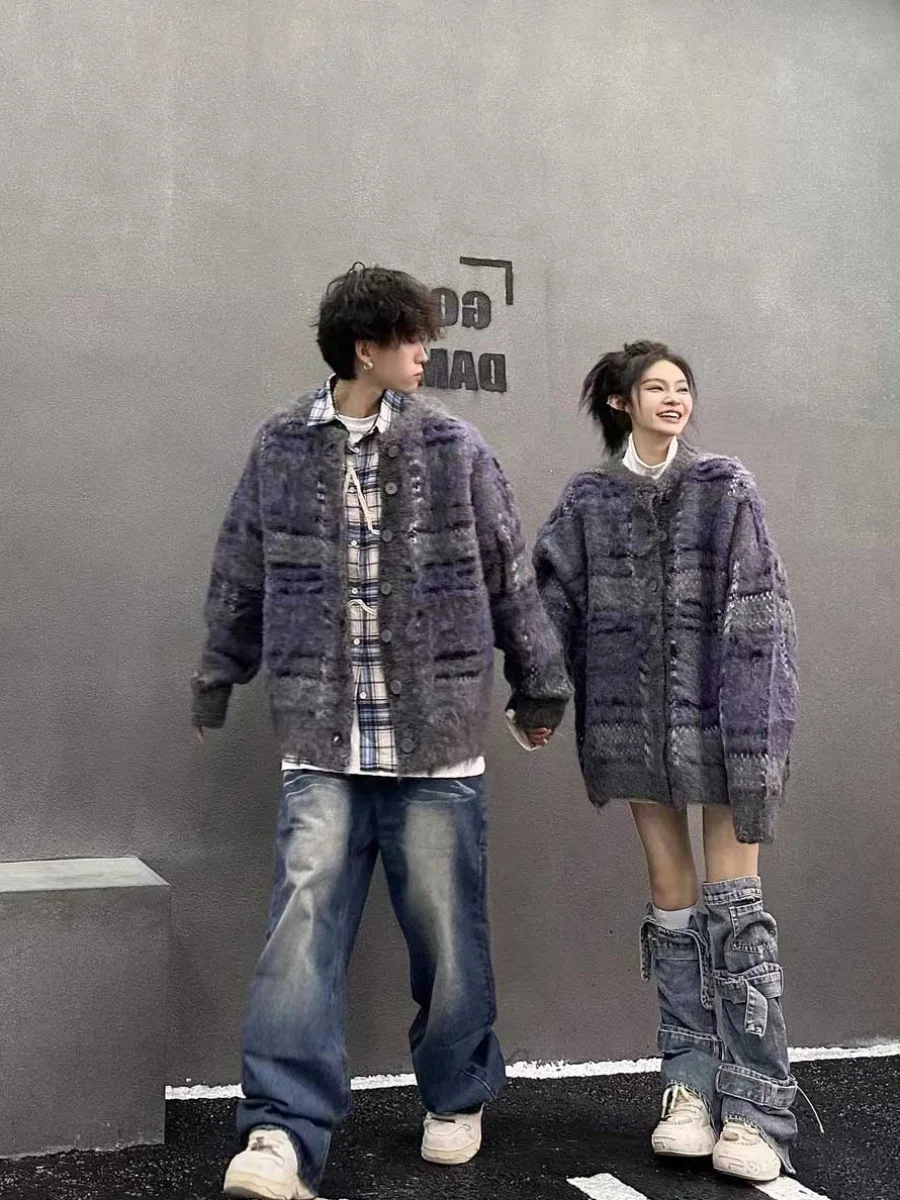 

Вязаный свитер в американском стиле ретро, свободный повседневный осенне-зимний модный открытый кардиган для пар, молодежное пальто Vitali Sle