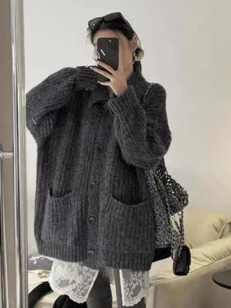 Koreański sweter rozpinany z wysokim kołnierzem, damski, jesienno-zimowy, luźny, swobodny, elegancki, średniej długości, dzianinowy.