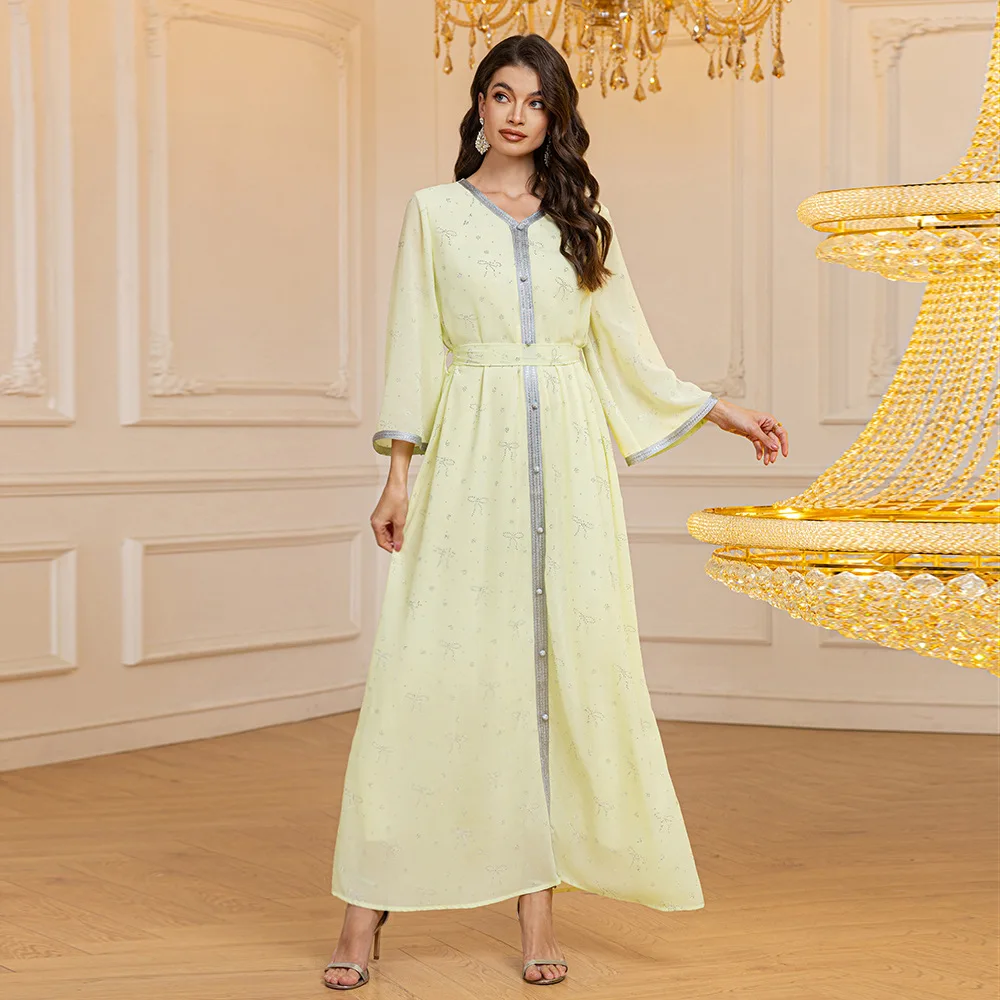 Middle East New Women's Chiffon Hot Diamond Abaya Muslim Robe Arabian Dress Robe Loose