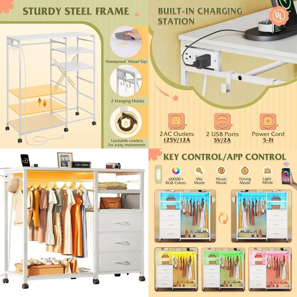 White Hanging Rack for Bedroom, 3 Drawer Dresser with LED Lights and Charging Station, Fabric Drawers and Chest of Drawers, Stor