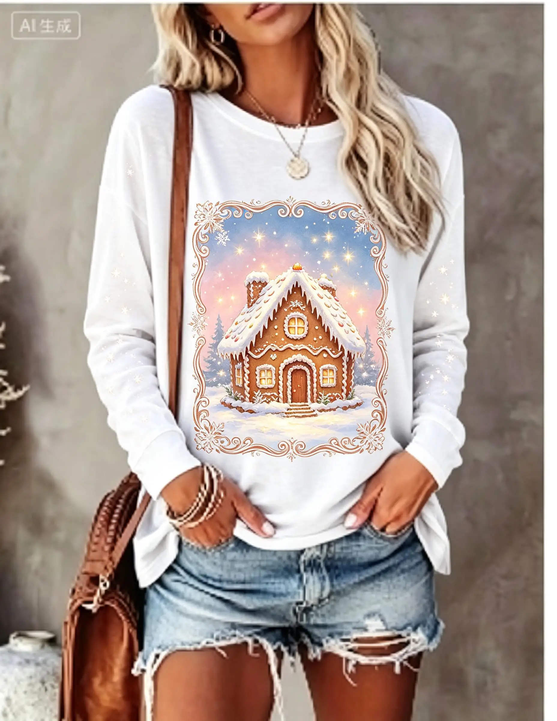 Women Christmas Long Sleeve T‑Shirt Reindeer Moon Snowflake Winter Forest Print Crew Neck Casual Tops