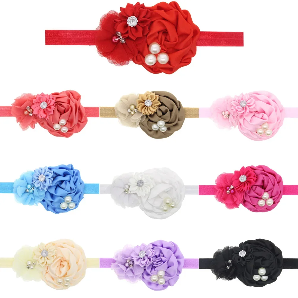 Yundfly Chic Newborn Baby Headband Ruffle Flower Crystals Elastic Headbands Kids Hairband Photography Props Gifts