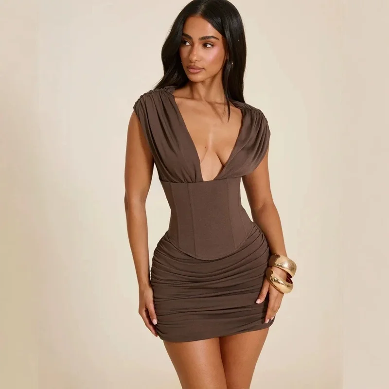 2026 Sommer Neues Damen Bodycon Minikleid Sexy Tiefer V-Ausschnitt Gerafftes Kurzes Kleid Korsett-Taille Figurbetontes Clubwear Partykleid – Detail 3