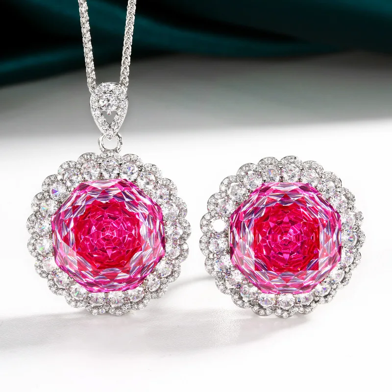 

Sparkling Elegant Adjustable Ring Pendant Necklace Round Cut Fuchsia Pink CZ Halo Pave Big Stone Statement Jewelry for Women