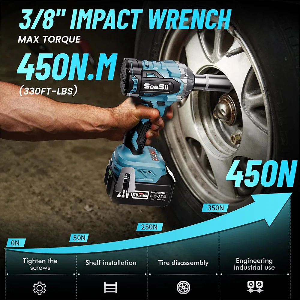 SEESII 450N.m Brushless Impact Wrench 3/8'' Cordless Impact Gun Electric Wrench For Makita 18V Battery Lightduty Work Car Home