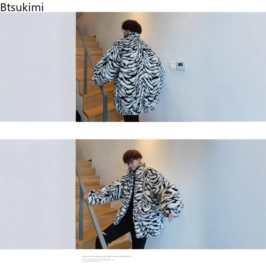 Fashion Tiger Stripes Print Men Jackets Loose Fluffy Faux Fur Long Sleeve Casual Warm Coats Autumn Winter Harajuku Retro Jackets