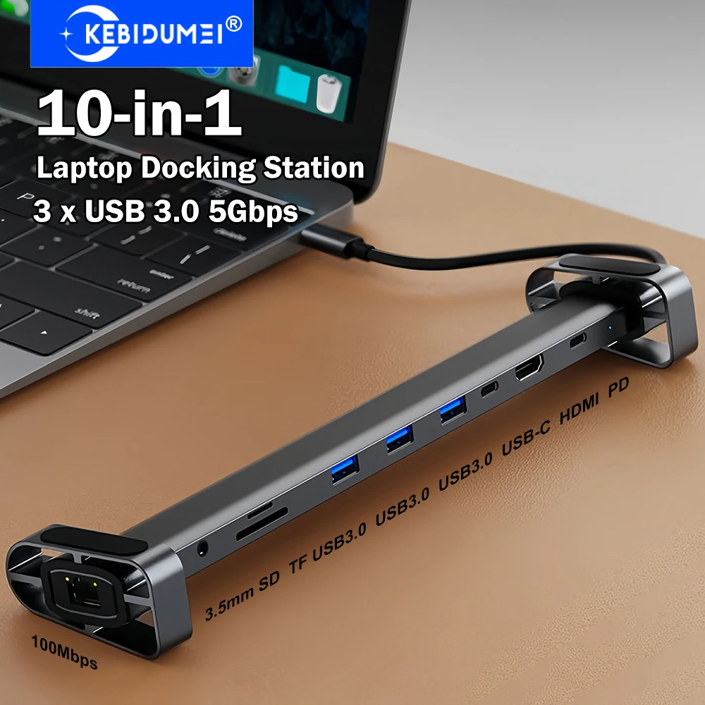 KEBIDUMEI 10-in-1 USB C Docking Station for Laptop USB C HUB 4K@30Hz HDMI PD 100W 100Mbps Ethernet USB 3.0 Hub SD/TF Card Reader