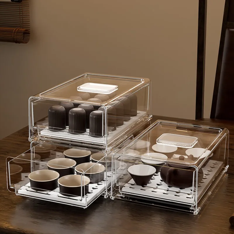 

Tea set storage box with lid, dustproof transparent coffee table, desktop tea cup sorting and storage, kung fu teapot rack
