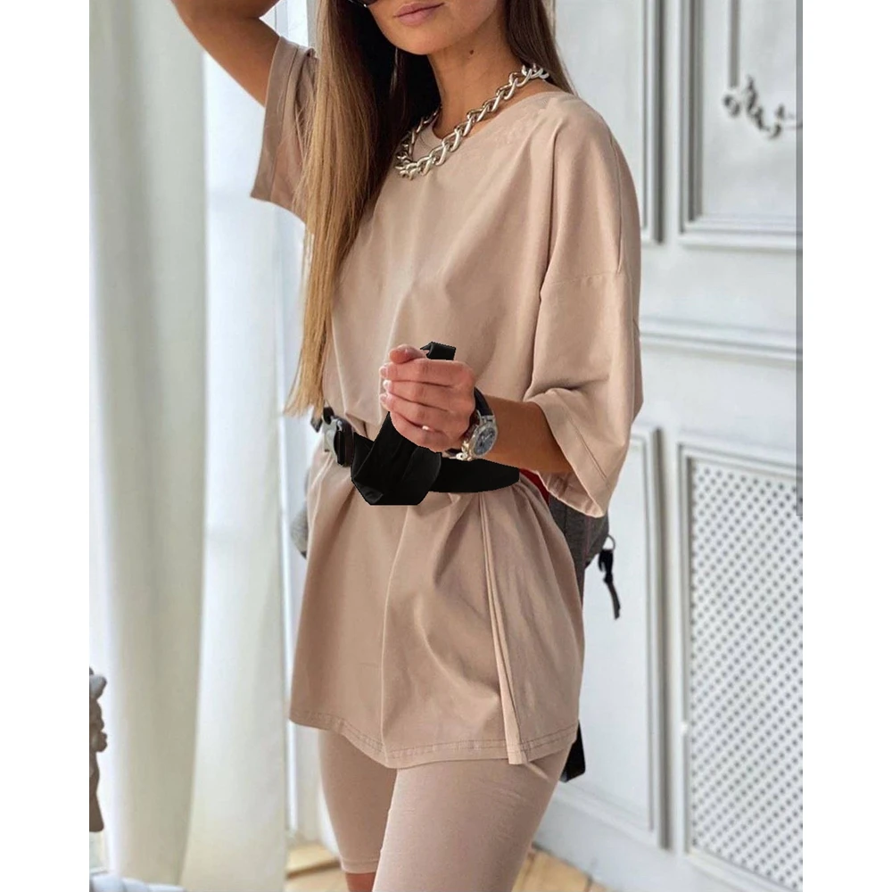 Casual Sporty Short Sets Women Summer Outfits Solid Two Piece Sets Workout Outifits Half Sleeve T shirt Top & Skinny Shorts Sets