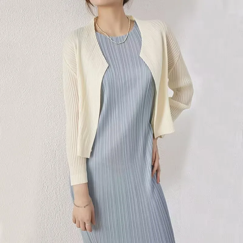 Miyake Pleated Short Cardigan Coat Women's Casual Thin Colid Sun Protection Clothing Round Neck Loose Long Sleeve Shirt Jacket