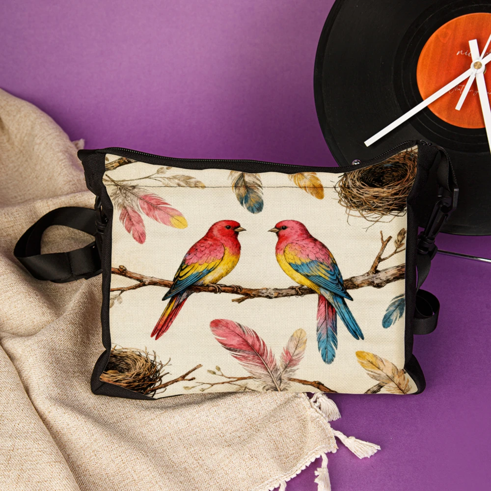 Bolso cruzado a la moda para mujer, color Beige, con estampado de pájaros y plumas, bolsos de hombro para viajes informales, compras, uso diario, 1 ud.