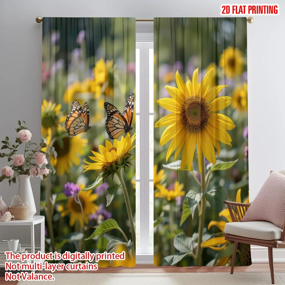 

2D flat printing 2pcs Drapes Sunflower Field with Butterflies Digital Printed Polyester Drapes Birthday Party Perfect for