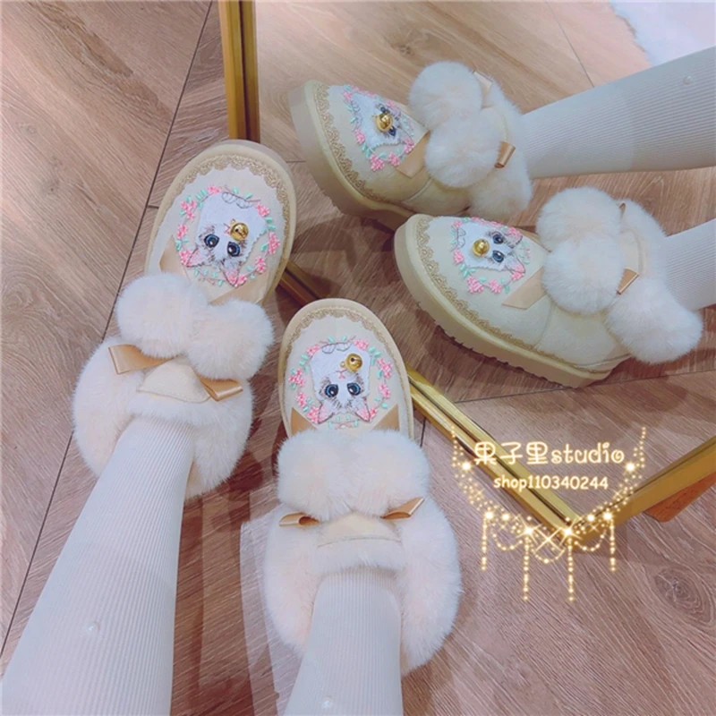 Kawaii Cat Embroidery Natural Furry Ball Warm Winter Shoes Woman Lace Thicken Plush Fur Ankle Snow Boots Ladies Casual Shoes