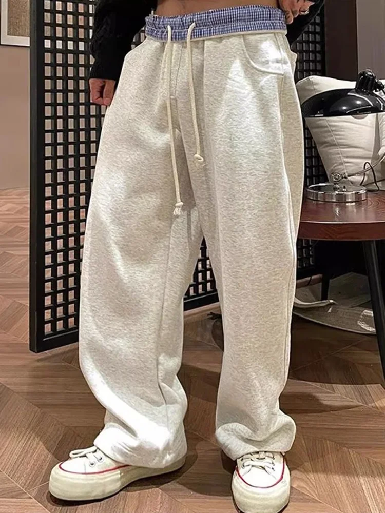 

Autumn Winter High Quali Thiened Fce Lined Plaid Waist Flip Casual Pants Men Straight Loose Lightweight Youth Drapey T...