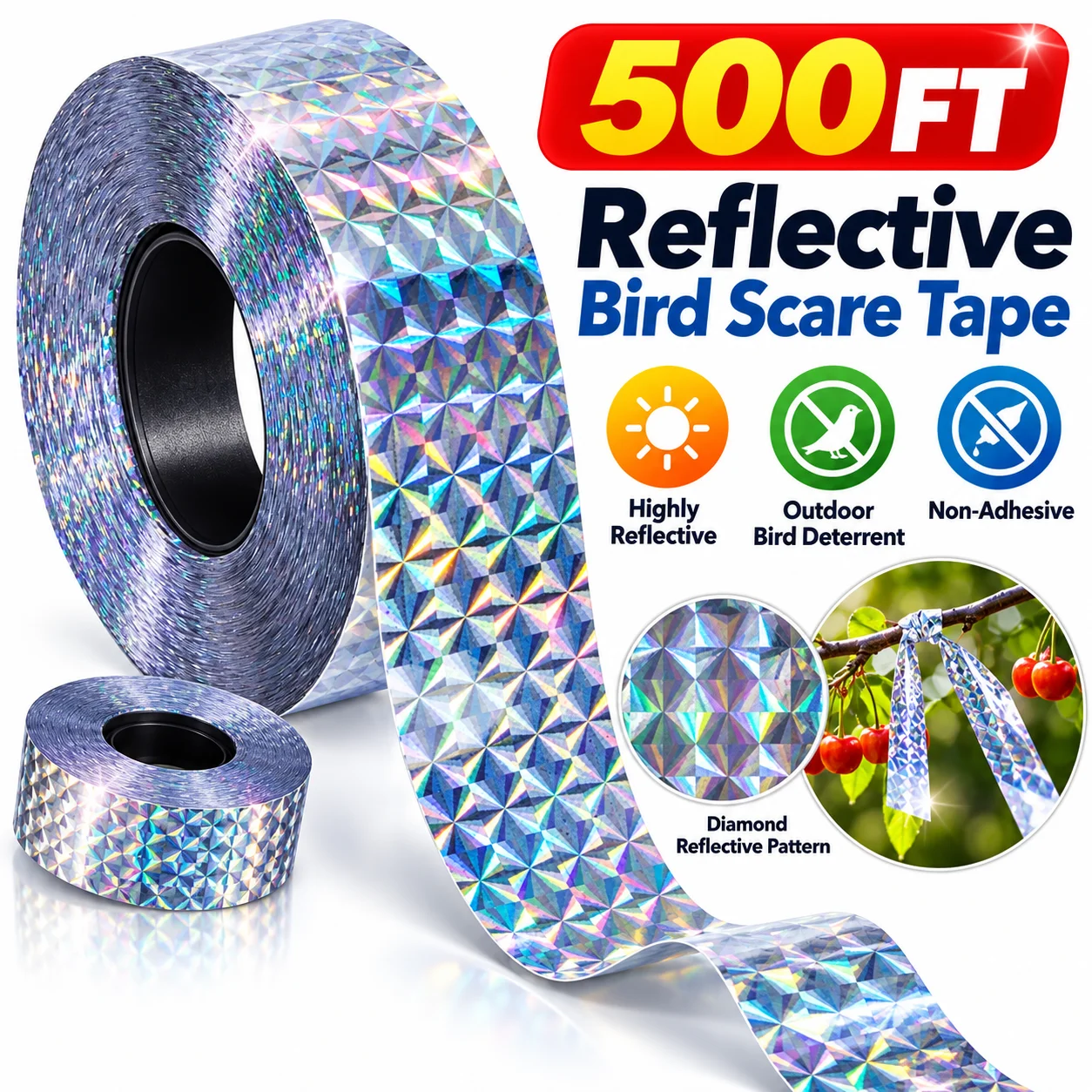 500FT Reflective Bird Scare Tape Ribbon Outdoor Pigeon Woodpecker Deterrent Flash Repellent Tape for Garden Farm Balcony Roof