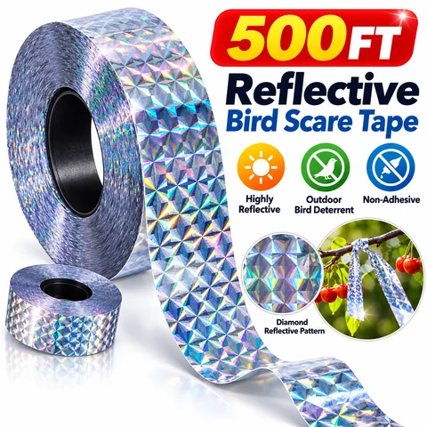 500FT Reflective Bird Scare Tape Ribbon Outdoor Pigeon Woodpecker Deterrent Flash Repellent Tape for Garden Farm Balcony Roof