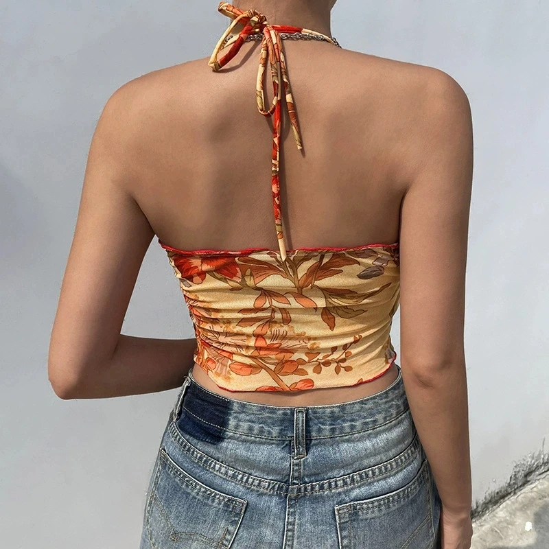 Y2K Mesh Sheer Floral T-shirt Vintage halter Tops Women Sleeveless Slim Fit Crop Top Harajuku Streetwear