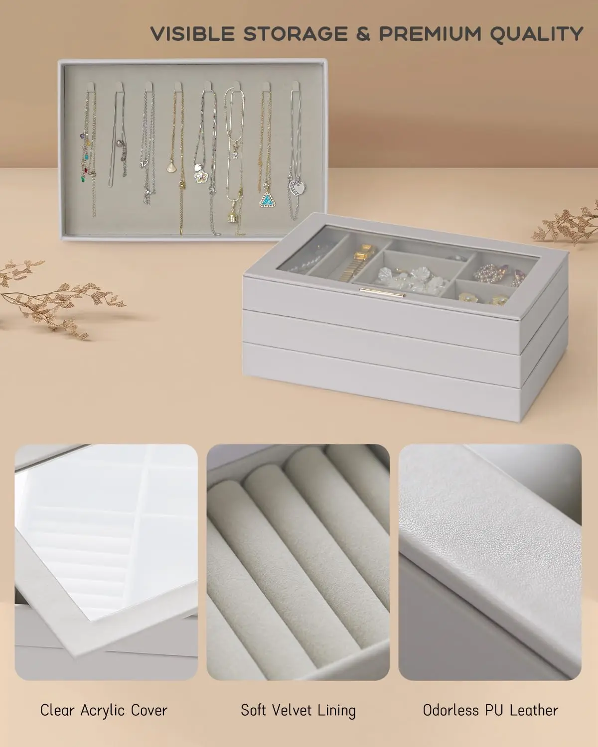 منظمات المجوهرات الكبيرة وصندوق تخزين، 4 طبقات لتنظيم المجوهرات قابلة للتكديس، غطاء شفاف للأدراج #2